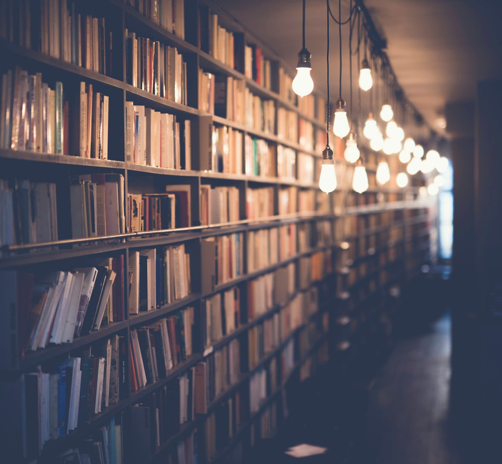Tall library shelves receding down a corridor, lit by hanging bulbs.